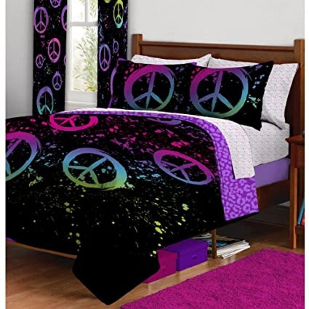 Peace Sign 11pc Comforter Queen bed in a bag/Curtain set🆕FAST📦🏃🏻💨⚡